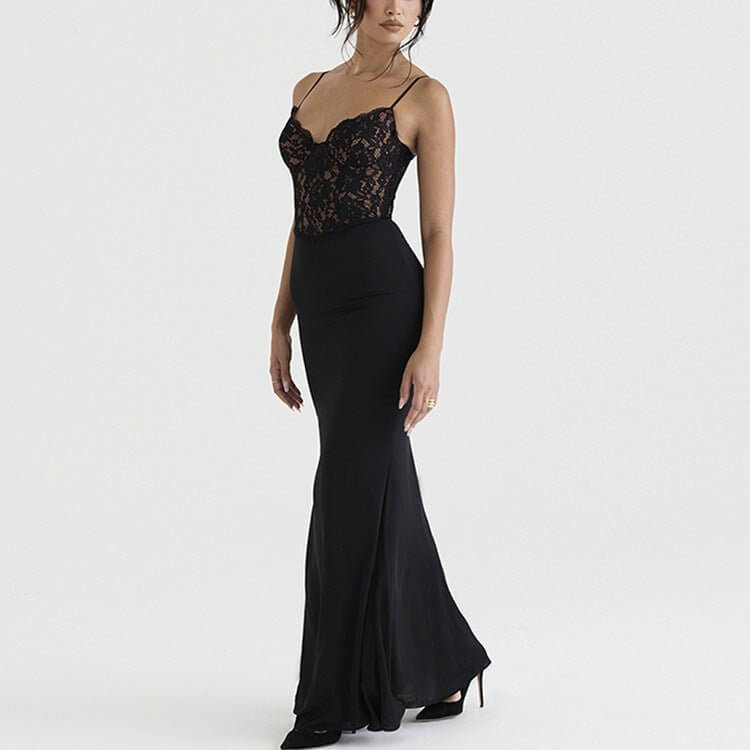 Lace High Waist Long Dress Deep V Strap Fishtail Gown $49.50 Dana Fashion Color: Black Size: L Women's clothing Product information: Pattern: solid color Skirt type: fishtail skirt Color: Black Waist type: high waist Size: S,M,L,XL Skirt length: long skir