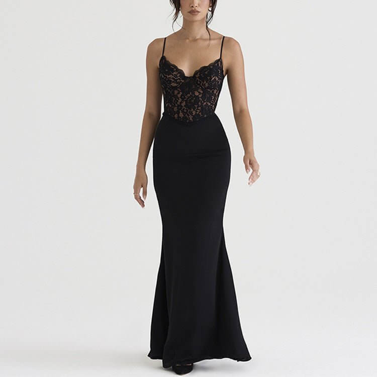 Lace High Waist Long Dress Deep V Strap Fishtail Gown $49.50 Dana Fashion Color: Black Size: L Women's clothing Product information: Pattern: solid color Skirt type: fishtail skirt Color: Black Waist type: high waist Size: S,M,L,XL Skirt length: long skir