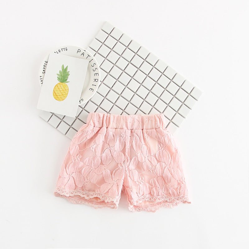 Lace shorts, girls' clothing, flower hot pants $26.30 Dana Fashion Color: pink Appropriate Height: 100cm Baby Clothing Suitable for ages: small and medium children (3~8 years old, 100~140cm) Pants length: shorts Pattern: flower, solid color Fabric Name: L