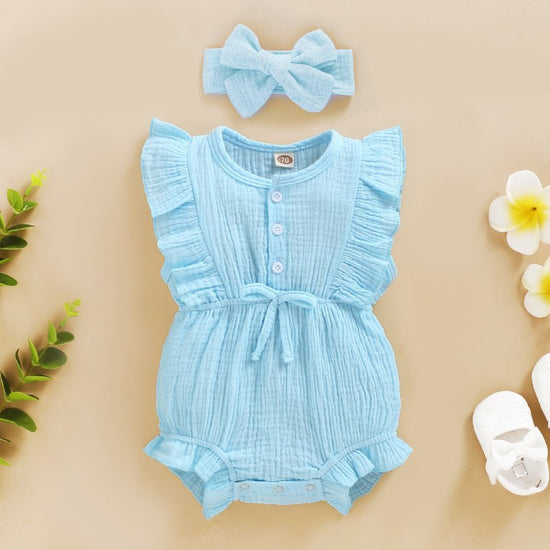 Lace Sleeve Double-Sided Ruffled Triangle Romper $27.38 Dana Fashion Color: Sky Blue Child size: 100cm Baby Clothing Specification: Sleeve: Sleeveless For the season: Summer Thickness: General Main fabric composition: Cotton Main fabric ingredient content