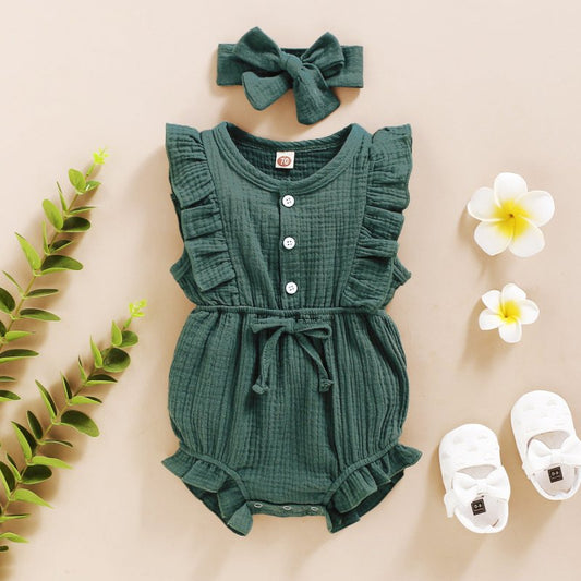 Lace Sleeve Double-Sided Ruffled Triangle Romper $27.38 Dana Fashion Color: Green Child size: 100cm Baby Clothing Specification: Sleeve: Sleeveless For the season: Summer Thickness: General Main fabric composition: Cotton Main fabric ingredient content: 9