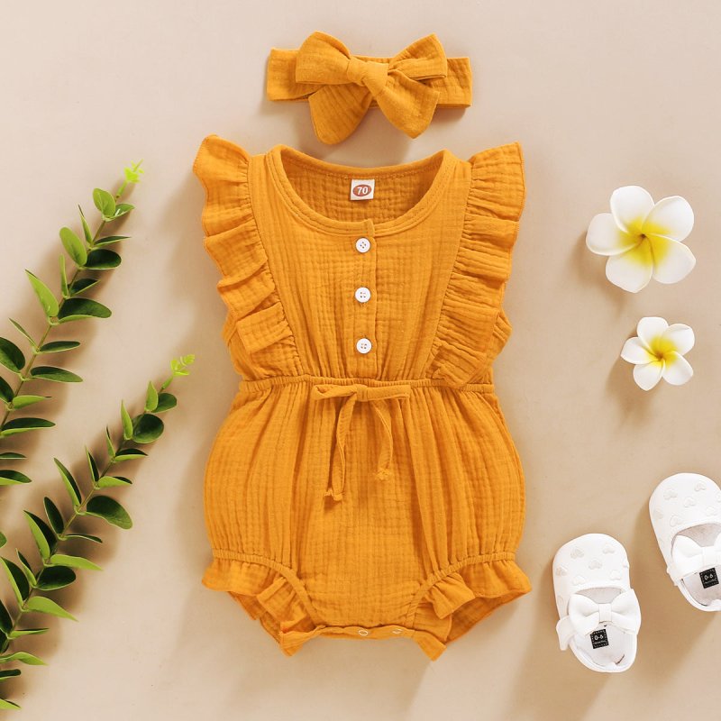 Lace Sleeve Double-Sided Ruffled Triangle Romper $27.38 Dana Fashion Color: Yellow Child size: 100cm Baby Clothing Specification: Sleeve: Sleeveless For the season: Summer Thickness: General Main fabric composition: Cotton Main fabric ingredient content: