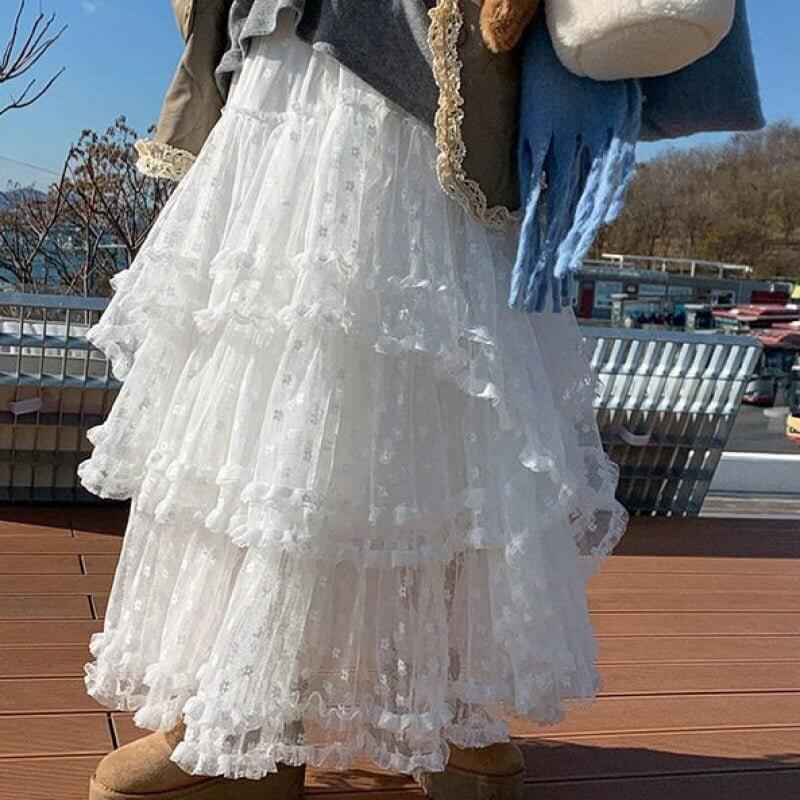 Lace Stitching High Waist Mid-length Skirt $65.82 Dana Fashion Color: Black Size: Average Size Women's clothing Product information: Fabric name: lace Skirt type: A- line skirt Color: white, black Elastic: medium elastic Main fabric composition: Polyester