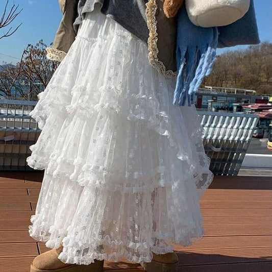 Lace Stitching High Waist Mid-length Skirt $65.82 Dana Fashion Color: Black Size: Average Size Women's clothing Product information: Fabric name: lace Skirt type: A- line skirt Color: white, black Elastic: medium elastic Main fabric composition: Polyester