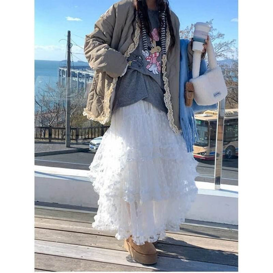 Lace Stitching High Waist Mid-length Skirt $65.82 Dana Fashion Color: Black Size: Average Size Women's clothing Product information: Fabric name: lace Skirt type: A- line skirt Color: white, black Elastic: medium elastic Main fabric composition: Polyester