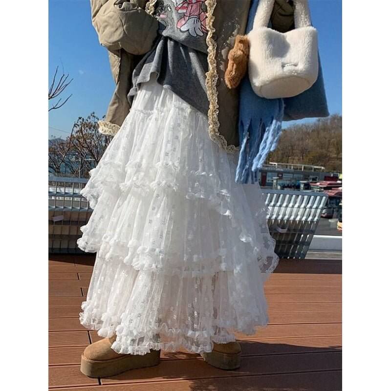 Lace Stitching High Waist Mid-length Skirt $65.82 Dana Fashion Color: Black Size: Average Size Women's clothing Product information: Fabric name: lace Skirt type: A- line skirt Color: white, black Elastic: medium elastic Main fabric composition: Polyester