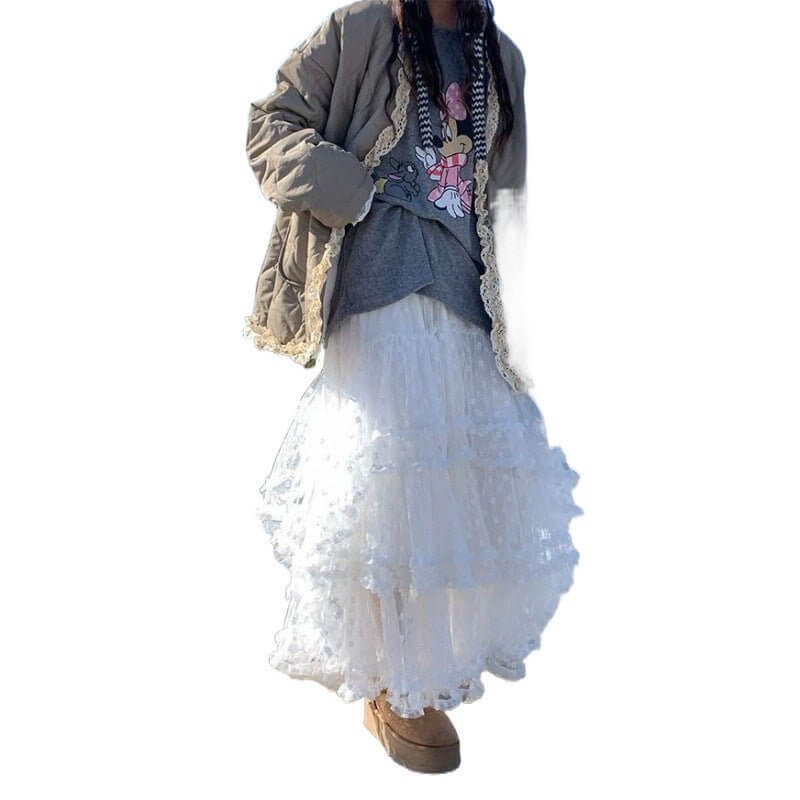 Lace Stitching High Waist Mid-length Skirt $65.82 Dana Fashion Color: Black Size: Average Size Women's clothing Product information: Fabric name: lace Skirt type: A- line skirt Color: white, black Elastic: medium elastic Main fabric composition: Polyester