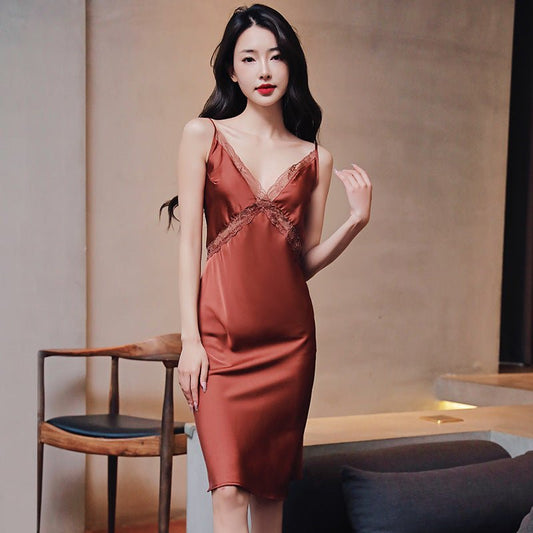 Lace Strap Women's Ice Silk Pajamas Thin Homewear Nightdress $30.55 Dana Fashion Color: Black Size: L Women's clothing Product information: Fabric name: Ice Silk Applicable scenarios: Family and hotel bathing places Color: caramel, black, red, blue, pink,