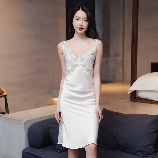 Lace Strap Women's Ice Silk Pajamas Thin Homewear Nightdress $30.55 Dana Fashion Color: White Size: L Women's clothing Product information: Fabric name: Ice Silk Applicable scenarios: Family and hotel bathing places Color: caramel, black, red, blue, pink,