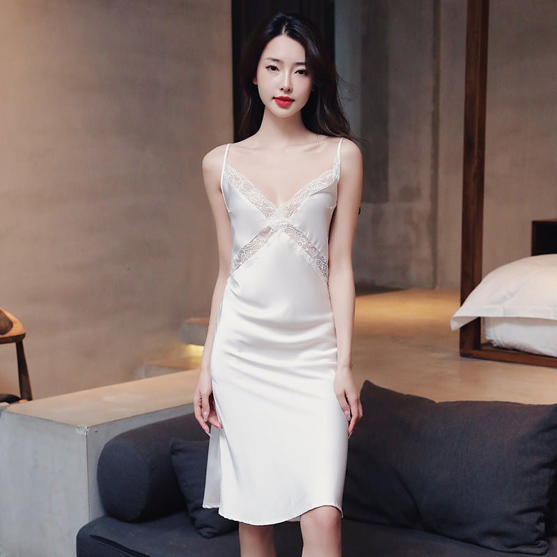 Lace Strap Women's Ice Silk Pajamas Thin Homewear Nightdress $30.55 Dana Fashion Color: White Size: L Women's clothing Product information: Fabric name: Ice Silk Applicable scenarios: Family and hotel bathing places Color: caramel, black, red, blue, pink,