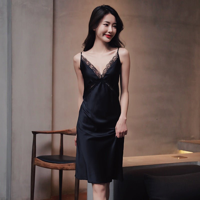 Lace Strap Women's Ice Silk Pajamas Thin Homewear Nightdress $30.55 Dana Fashion Color: Black Size: L Women's clothing Product information: Fabric name: Ice Silk Applicable scenarios: Family and hotel bathing places Color: caramel, black, red, blue, pink,