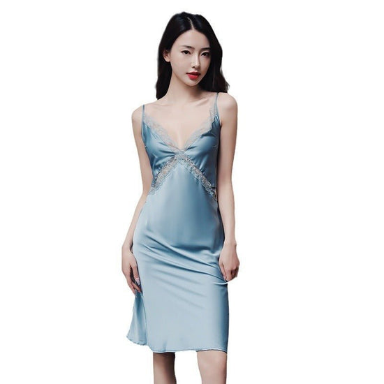 Lace Strap Women's Ice Silk Pajamas Thin Homewear Nightdress $30.55 Dana Fashion Color: Black Size: L Women's clothing Product information: Fabric name: Ice Silk Applicable scenarios: Family and hotel bathing places Color: caramel, black, red, blue, pink,