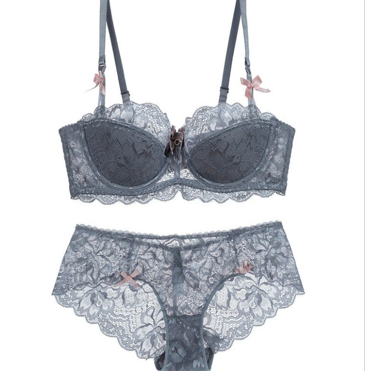 Lace Thin Cotton Underwear Women Set $39.99 Dana Fashion Color: Grey Size: 70A Women's clothing Main fabric: Nylon This bra is a half cup thin cotton and a half cup lace style. If you are not used to wearing a half cup bra. It is recommended to increase t