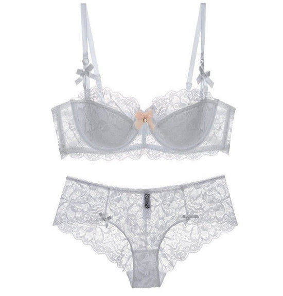 Lace Thin Cotton Underwear Women Set $39.99 Dana Fashion Color: White Size: 70A Women's clothing Main fabric: Nylon This bra is a half cup thin cotton and a half cup lace style. If you are not used to wearing a half cup bra. It is recommended to increase