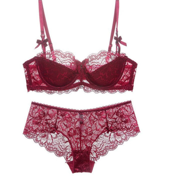 Lace Thin Cotton Underwear Women Set $39.99 Dana Fashion Color: Red Size: 70A Women's clothing Main fabric: Nylon This bra is a half cup thin cotton and a half cup lace style. If you are not used to wearing a half cup bra. It is recommended to increase th