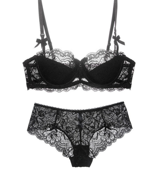 Lace Thin Cotton Underwear Women Set $39.99 Dana Fashion Color: Black Size: 70A Women's clothing Main fabric: Nylon This bra is a half cup thin cotton and a half cup lace style. If you are not used to wearing a half cup bra. It is recommended to increase