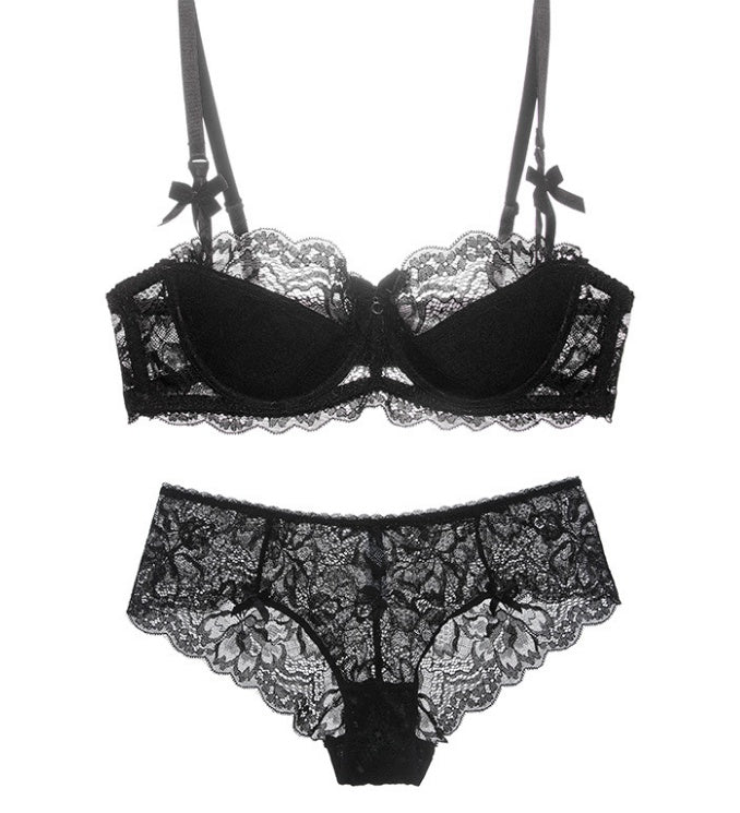Lace Thin Cotton Underwear Women Set $39.99 Dana Fashion Color: Black Size: 70A Women's clothing Main fabric: Nylon This bra is a half cup thin cotton and a half cup lace style. If you are not used to wearing a half cup bra. It is recommended to increase