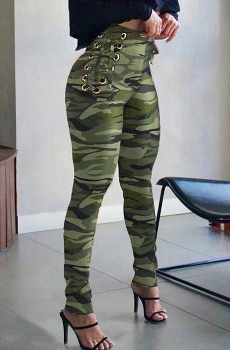 Ladies' Lace Up High Waisted Camouflage Casual Pants $159.50 Dana Fashion Colour: Army green Size: L Baby Clothing Quantity per package: 1 piece Pants Length: long Season:spring and autumntime Style: casual Shape: fit Stretch: lightweight Care instruction