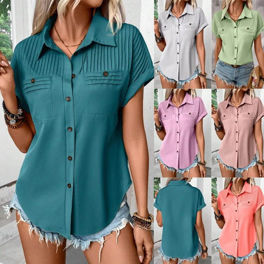Lapel Shoulder Pleated Pocket Short Sleeve Top ShirtT-shirt Women $45.50 Dana Fashion Color: Granny Grey Size: L Women's clothing Product information: Fabric name: Polyester Color: peacock blue, Granny Grey, light green, violet, orange red, pink Sleeve ty
