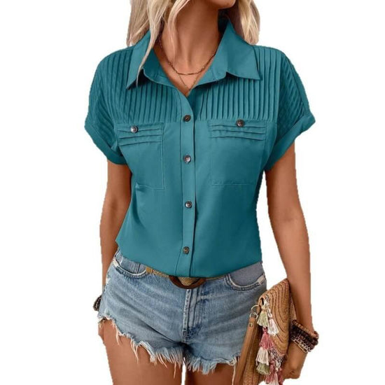 Lapel Shoulder Pleated Pocket Short Sleeve Top ShirtT-shirt Women $45.50 Dana Fashion Color: Granny Grey Size: L Women's clothing Product information: Fabric name: Polyester Color: peacock blue, Granny Grey, light green, violet, orange red, pink Sleeve ty