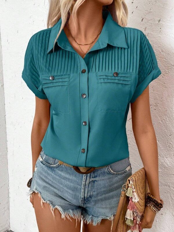 Lapel Shoulder Pleated Pocket Short Sleeve Top ShirtT-shirt Women $45.50 Dana Fashion Color: Peacock Blue Size: L Women's clothing Product information: Fabric name: Polyester Color: peacock blue, Granny Grey, light green, violet, orange red, pink Sleeve t