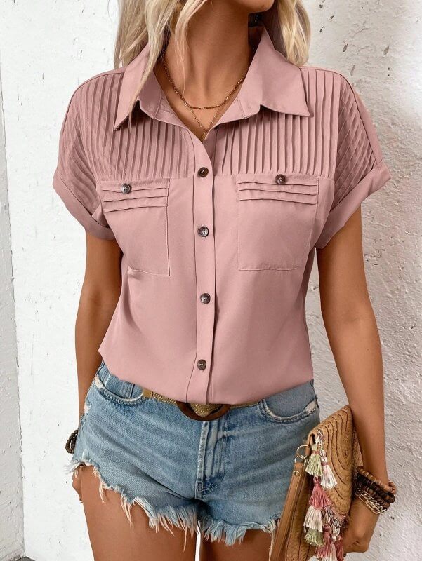Lapel Shoulder Pleated Pocket Short Sleeve Top ShirtT-shirt Women $45.50 Dana Fashion Color: Pink Size: L Women's clothing Product information: Fabric name: Polyester Color: peacock blue, Granny Grey, light green, violet, orange red, pink Sleeve type: rag