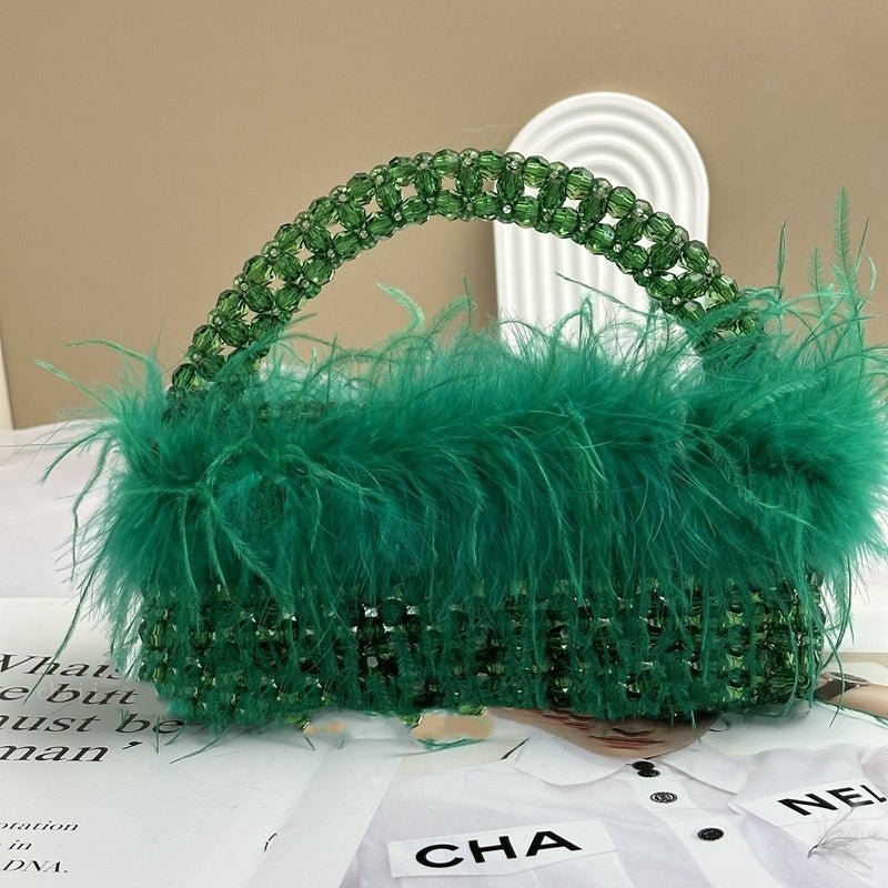 Large Ostrich Feather Handmade Beaded Fall Winter Fashion Feather Handbag $79.50 Dana Fashion Color: Green Size: 22X9X7.5 Women's Bags Product information: Lining texture: no lining Applicable scenario: Daily configuration Color: glittering, green, black,