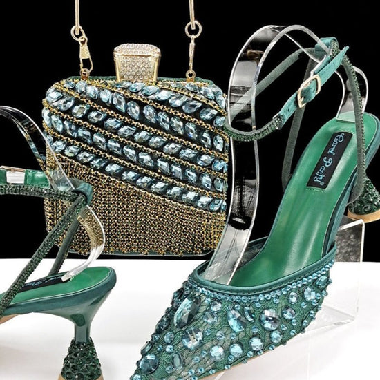 Large Rhinestone High Heel Sandals Three-dimensional Tassel Handbag Set $179.50 Dana Fashion Color: Green Size: 38 Women's shoes Product information: Toe holder shape: Pointed Color: purple, white, green, Rose Red, Red, Brown, champagne, sky blue Shoe Upp