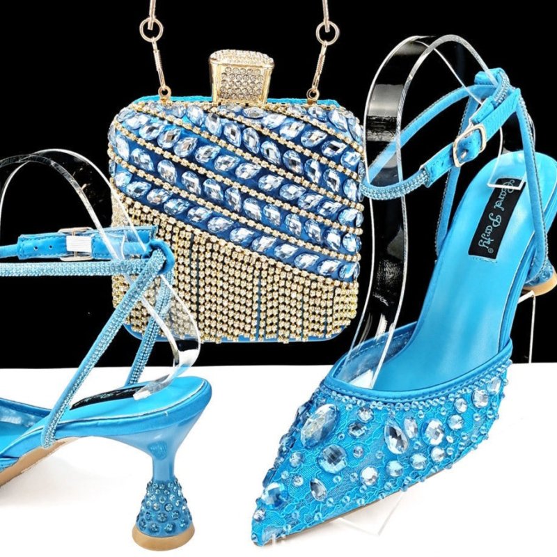 Large Rhinestone High Heel Sandals Three-dimensional Tassel Handbag Set $179.50 Dana Fashion Color: Sky Blue Size: 38 Women's shoes Product information: Toe holder shape: Pointed Color: purple, white, green, Rose Red, Red, Brown, champagne, sky blue Shoe
