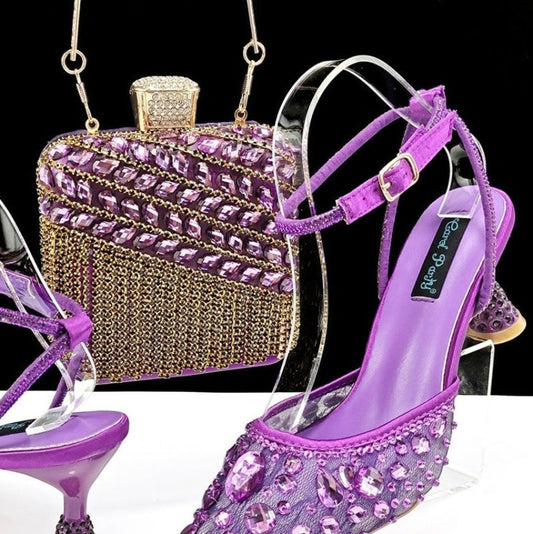 Large Rhinestone High Heel Sandals Three-dimensional Tassel Handbag Set $179.50 Dana Fashion Color: Brown Size: 38 Women's shoes Product information: Toe holder shape: Pointed Color: purple, white, green, Rose Red, Red, Brown, champagne, sky blue Shoe Upp