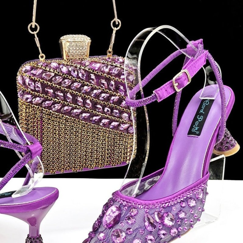 Large Rhinestone High Heel Sandals Three-dimensional Tassel Handbag Set $179.50 Dana Fashion Color: Purple Size: 38 Women's shoes Product information: Toe holder shape: Pointed Color: purple, white, green, Rose Red, Red, Brown, champagne, sky blue Shoe Up