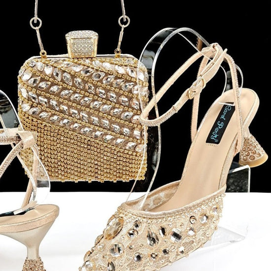 Large Rhinestone High Heel Sandals Three-dimensional Tassel Handbag Set $179.50 Dana Fashion Color: Brown Size: 38 Women's shoes Product information: Toe holder shape: Pointed Color: purple, white, green, Rose Red, Red, Brown, champagne, sky blue Shoe Upp