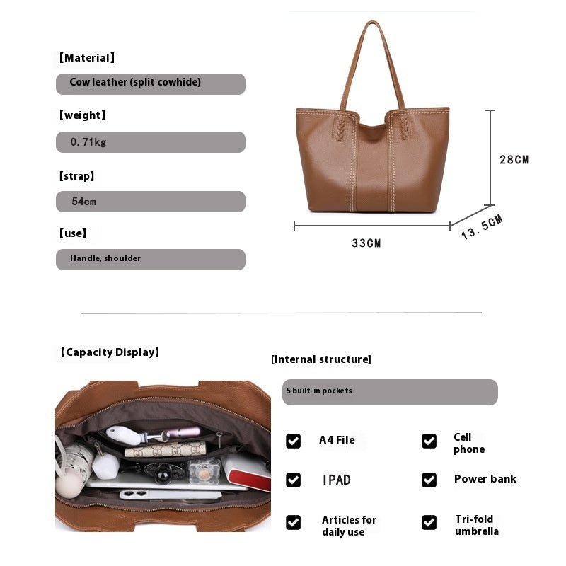 Leather Bag For Woman New Women's Tote Bag $146.50 Dana Fashion Color: Black Women's Bags Product information: Lining texture: Polyester Applicable scenarios: Daily configuration Color: khaki, Black Outer bag type: slit pocket Leather features: two-layer