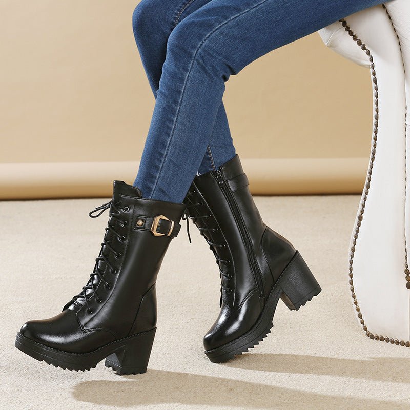 Leather Martin boots women cotton boots $79.99 Dana Fashion Color: 1Black Size: 35 Women's shoes suitable season: winter Heel height: high heel (6-8CM) pattern: plain Toe shape: round head Popular elements: metal Cortex features: first layer cowhide style