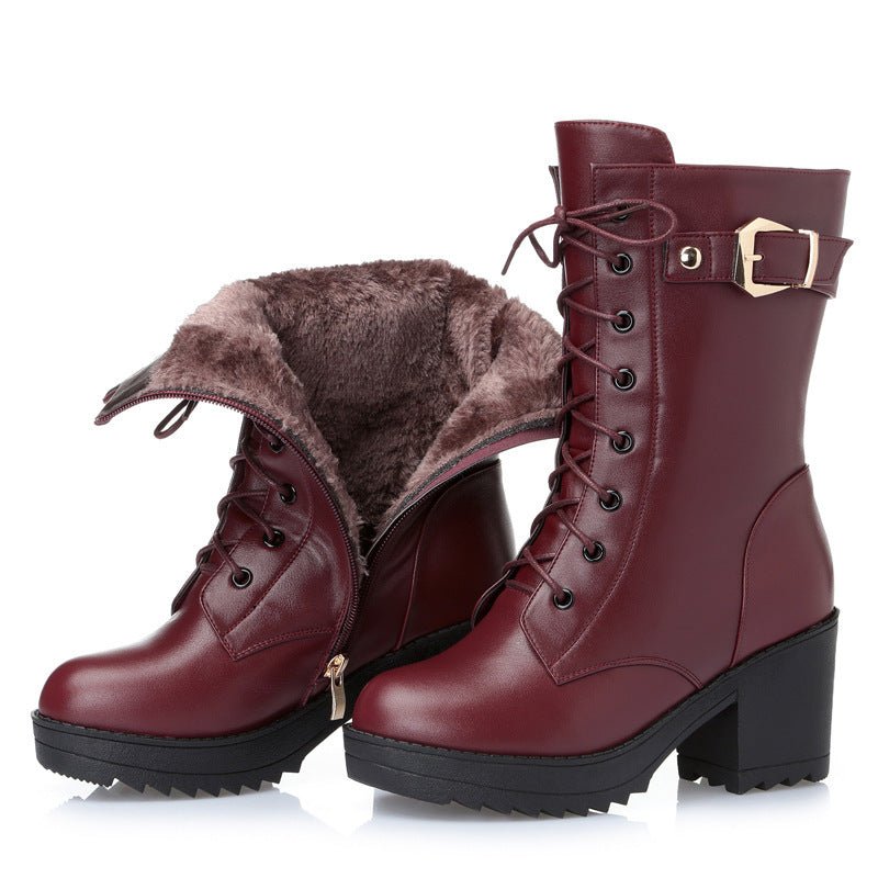 Leather Martin boots women cotton boots $79.99 Dana Fashion Color: 1Wine red Size: 35 Women's shoes suitable season: winter Heel height: high heel (6-8CM) pattern: plain Toe shape: round head Popular elements: metal Cortex features: first layer cowhide st