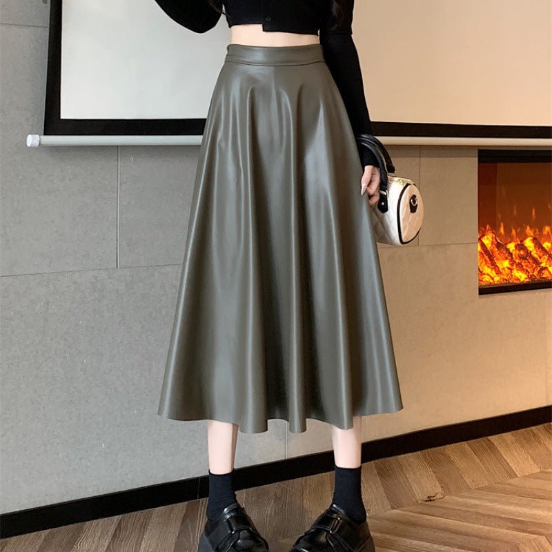 Leather Medium Length Simple A- Line Umbrella Skirt $55.50 Dana Fashion Color: Army Green Size: L Women's clothing Product information: Fabric name: acrylic Skirt type: umbrella skirt Color: Army Green, khaki Elasticity: Micro elasticity Main fabric compo