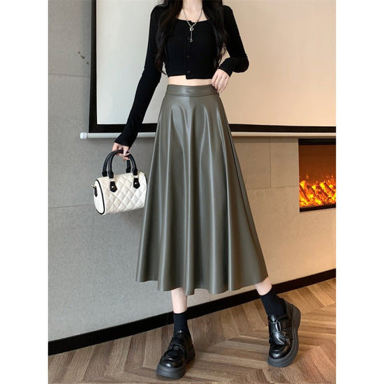 Leather Medium Length Simple A- Line Umbrella Skirt $55.50 Dana Fashion Color: Army Green Size: L Women's clothing Product information: Fabric name: acrylic Skirt type: umbrella skirt Color: Army Green, khaki Elasticity: Micro elasticity Main fabric compo