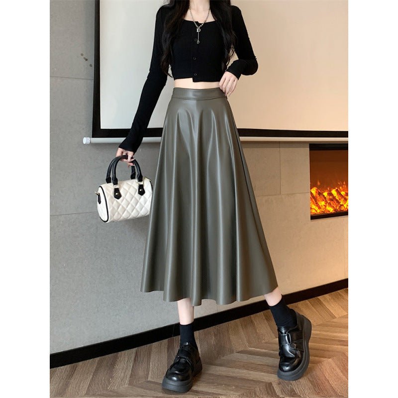 Leather Medium Length Simple A- Line Umbrella Skirt $55.50 Dana Fashion Color: Army Green Size: L Women's clothing Product information: Fabric name: acrylic Skirt type: umbrella skirt Color: Army Green, khaki Elasticity: Micro elasticity Main fabric compo