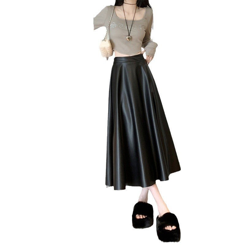 Leather Medium Length Simple A- Line Umbrella Skirt $55.50 Dana Fashion Color: Army Green Size: L Women's clothing Product information: Fabric name: acrylic Skirt type: umbrella skirt Color: Army Green, khaki Elasticity: Micro elasticity Main fabric compo