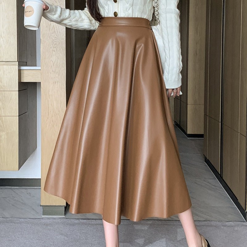 Leather Medium Length Simple A- Line Umbrella Skirt $55.50 Dana Fashion Color: Khaki Size: L Women's clothing Product information: Fabric name: acrylic Skirt type: umbrella skirt Color: Army Green, khaki Elasticity: Micro elasticity Main fabric compositio