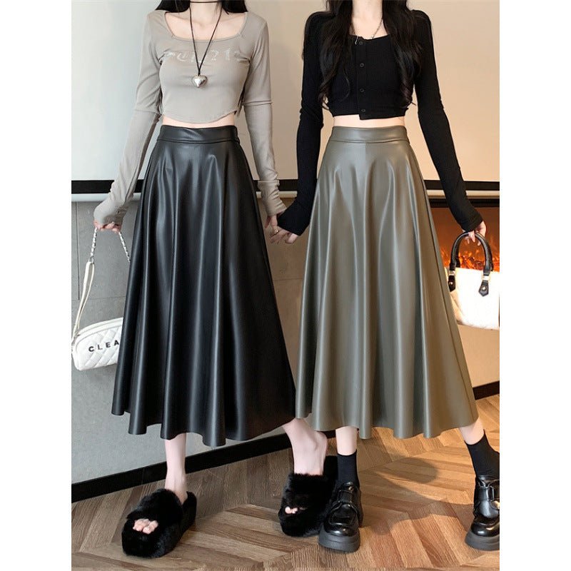 Leather Medium Length Simple A- Line Umbrella Skirt $55.50 Dana Fashion Color: Army Green Size: L Women's clothing Product information: Fabric name: acrylic Skirt type: umbrella skirt Color: Army Green, khaki Elasticity: Micro elasticity Main fabric compo