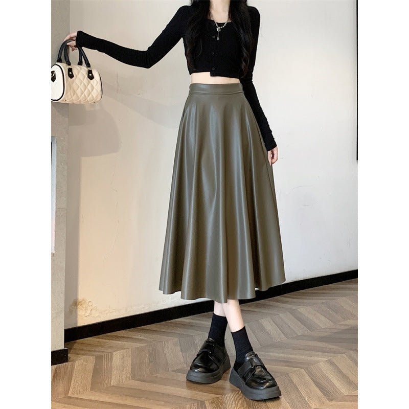 Leather Medium Length Simple A- Line Umbrella Skirt $55.50 Dana Fashion Color: Army Green Size: L Women's clothing Product information: Fabric name: acrylic Skirt type: umbrella skirt Color: Army Green, khaki Elasticity: Micro elasticity Main fabric compo