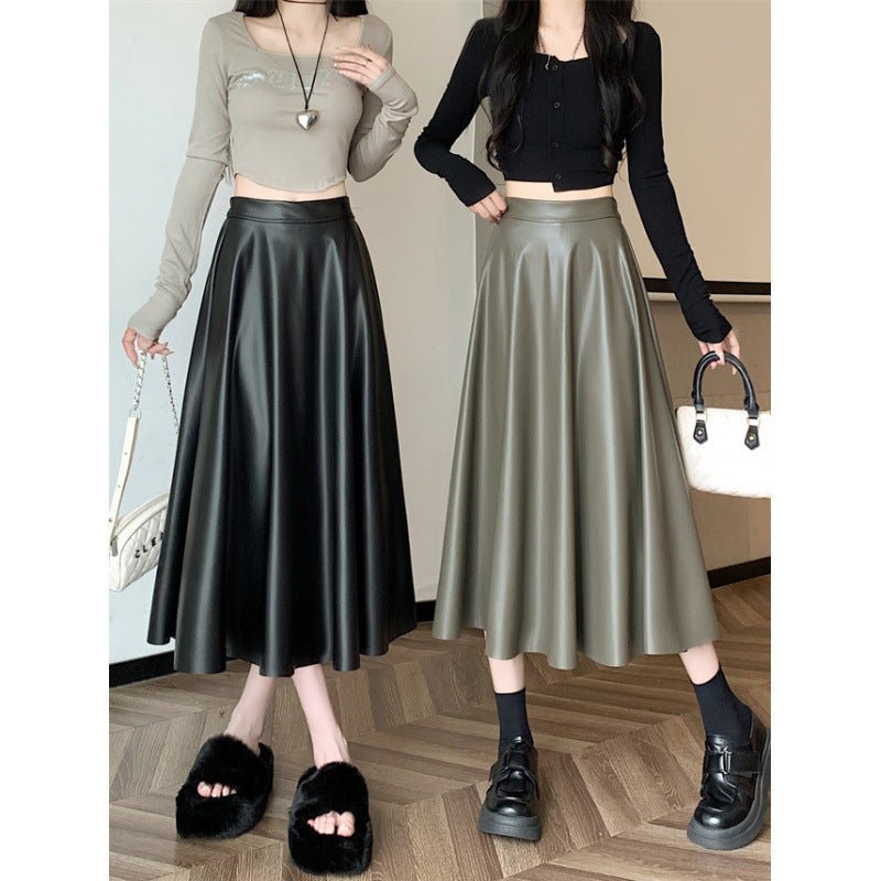 Leather Medium Length Simple A- Line Umbrella Skirt $55.50 Dana Fashion Color: Army Green Size: L Women's clothing Product information: Fabric name: acrylic Skirt type: umbrella skirt Color: Army Green, khaki Elasticity: Micro elasticity Main fabric compo