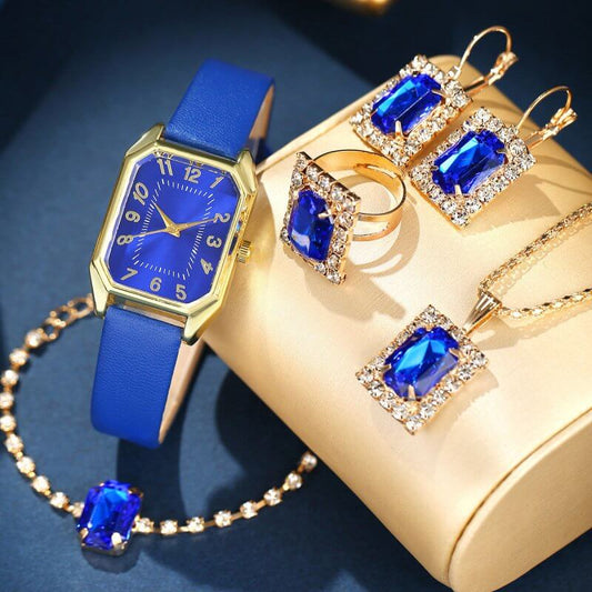 Leather Women's Watch Square Quartz Watch Korean Necklace Earrings Ring Set $19.32 Dana Fashion Color: Black 4 Pcs set Women's Accessories Product information: Color: white square rhinestone jewelry four-piece set suit, black square rhinestone jewelry fou