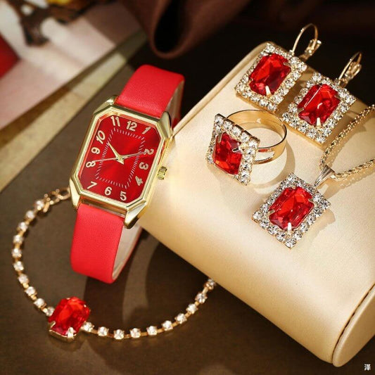 Leather Women's Watch Square Quartz Watch Korean Necklace Earrings Ring Set $19.32 Dana Fashion Color: Black 4 Pcs set Women's Accessories Product information: Color: white square rhinestone jewelry four-piece set suit, black square rhinestone jewelry fou