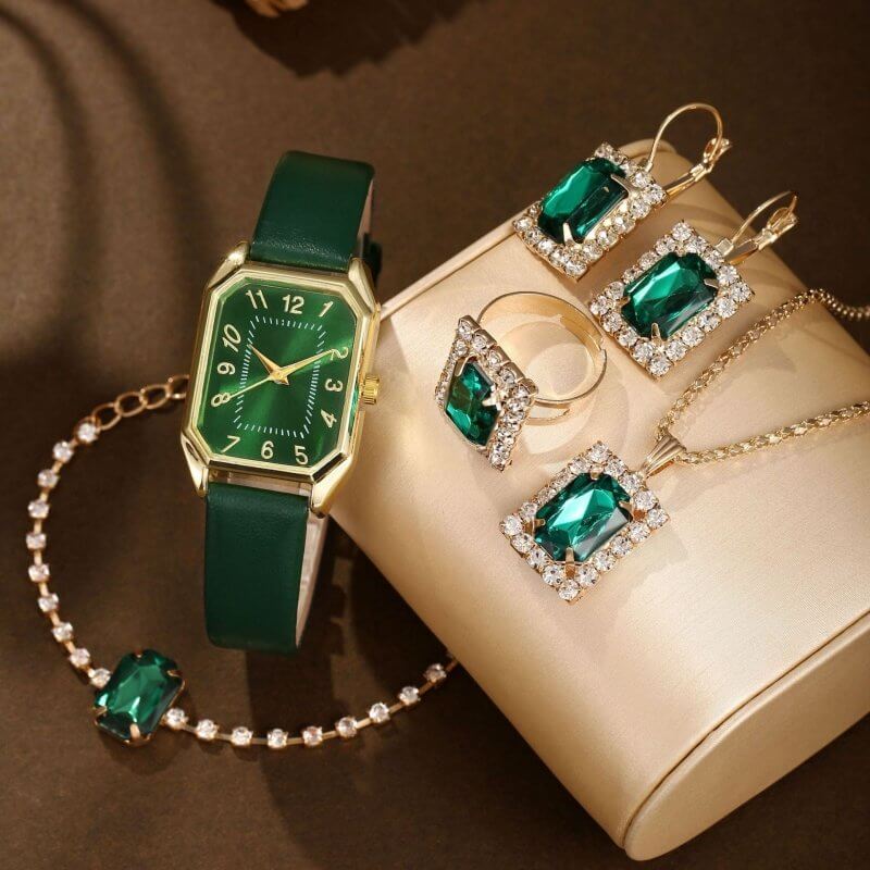 Leather Women's Watch Square Quartz Watch Korean Necklace Earrings Ring Set $20.62 Dana Fashion Color: Green 5 Pcs set Women's Accessories Product information: Color: white square rhinestone jewelry four-piece set suit, black square rhinestone jewelry fou