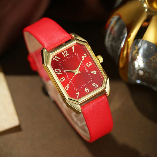 Leather Women's Watch Square Quartz Watch Korean Necklace Earrings Ring Set $12.89 Dana Fashion Color: Red Single Table Women's Accessories Product information: Color: white square rhinestone jewelry four-piece set suit, black square rhinestone jewelry fo