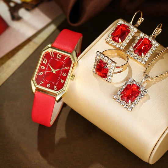 Leather Women's Watch Square Quartz Watch Korean Necklace Earrings Ring Set $19.32 Dana Fashion Color: Red 4 Pcs set Women's Accessories Product information: Color: white square rhinestone jewelry four-piece set suit, black square rhinestone jewelry four-