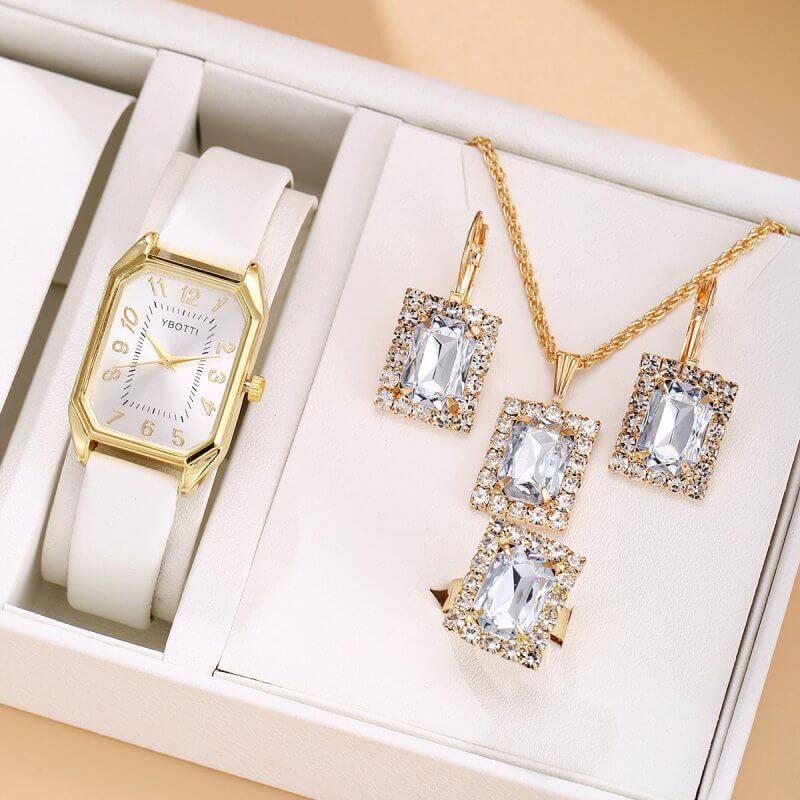 Leather Women's Watch Square Quartz Watch Korean Necklace Earrings Ring Set $19.32 Dana Fashion Color: White 4 Pcs set Women's Accessories Product information: Color: white square rhinestone jewelry four-piece set suit, black square rhinestone jewelry fou