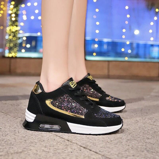 Leisure Casual Breathable Muffin Shoes For Students $47.90 Dana Fashion Color: Black gold Size: 35 Women's shoes Product Information: Style: Casual Fabric: Frosted Lining: Single Sole: Polyurethane sole Code number: 35-40 High heel: 4CM Color: Black gold/